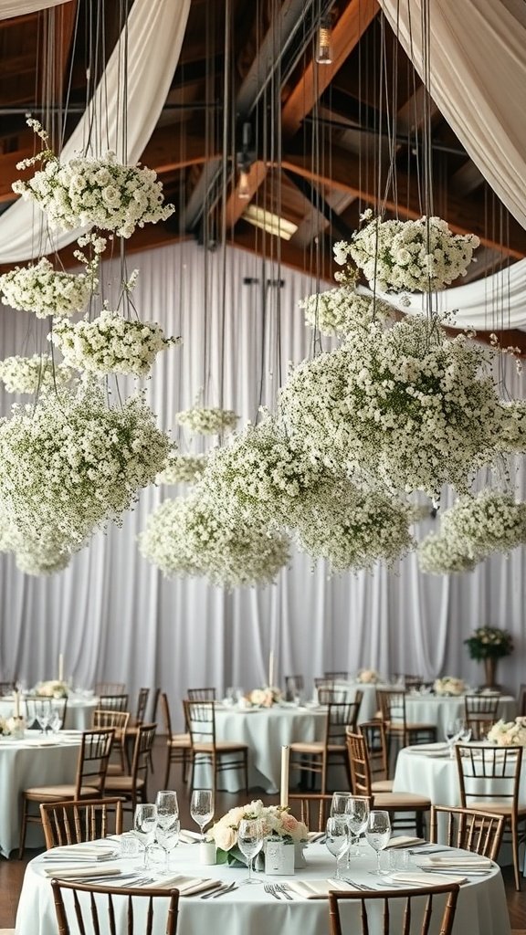 30 Stunning Baby's Breath Wedding Centerpieces for a Dreamy Celebration Hanging baby’s breath installations in a wedding venue with tables set below.