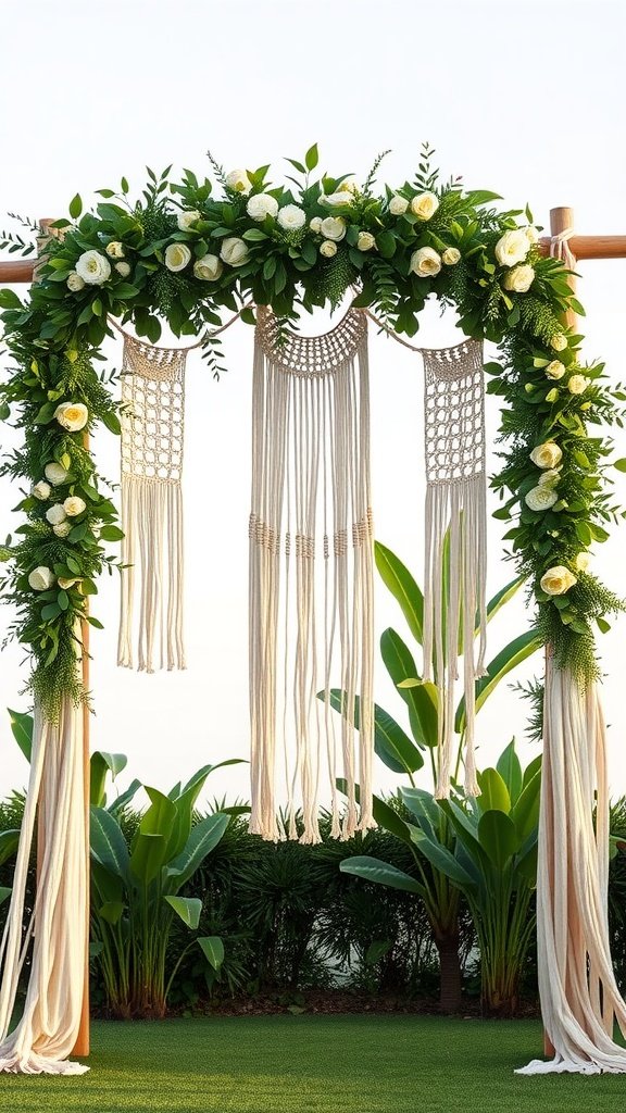 25 Unique Rustic Wedding Arch Ideas to Make Your Ceremony Unforgettable (Trust Us, #3 Is a Show-Stopper!) A rustic wedding arch featuring hanging macramé, flowers, and greenery.