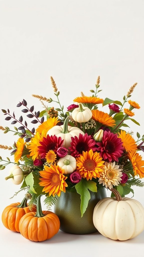 35 Stunning Fall Wedding Flowers That Will Make Your Guests Swoon! A vibrant fall wedding flower arrangement featuring sunflowers, roses, and small pumpkins in a green vase.