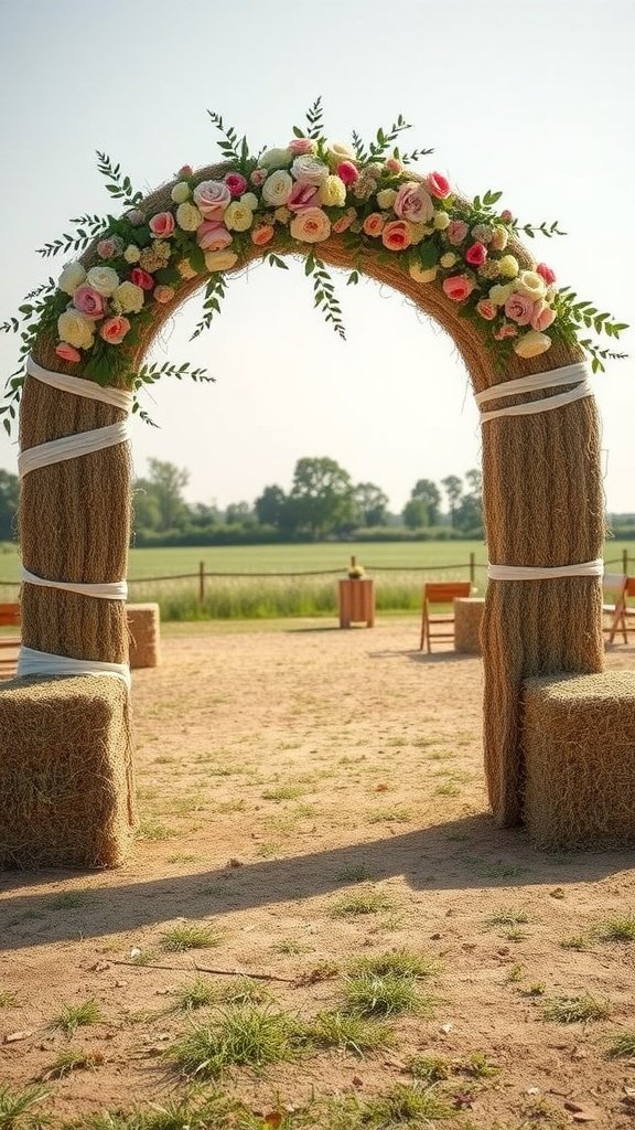 25 Unique Rustic Wedding Arch Ideas to Make Your Ceremony Unforgettable (Trust Us, #3 Is a Show-Stopper!) A rustic wedding arch made from hay bales adorned with flowers, set in a natural outdoor setting.