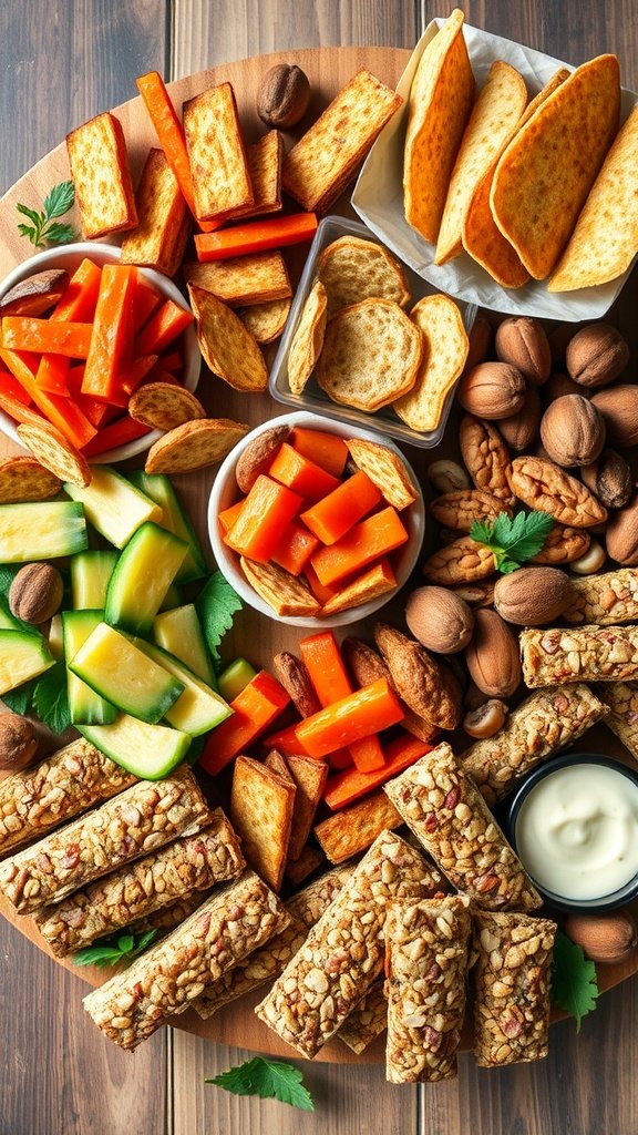 35 Stunning Grazing Table Ideas That Will Wow Your Guests (You Won't Believe #12!) A colorful grazing table featuring healthy snacks including carrot sticks, sweet potato chips, cucumber slices, nut bars, and a yogurt dip.