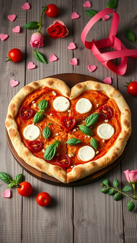 35 Irresistible Valentine’s Day Food Ideas to Celebrate Your Love Heart-shaped pizza topped with mozzarella cheese, cherry tomatoes, and basil, decorated for Valentine's Day. Valentine’s Day Food Ideas