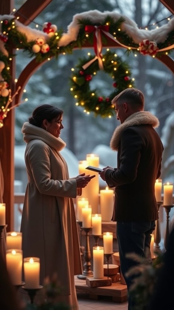 35 Enchanting Ideas for a Magical Winter Wedding A couple exchanging vows in a winter wedding ceremony, surrounded by candles and holiday decorations.