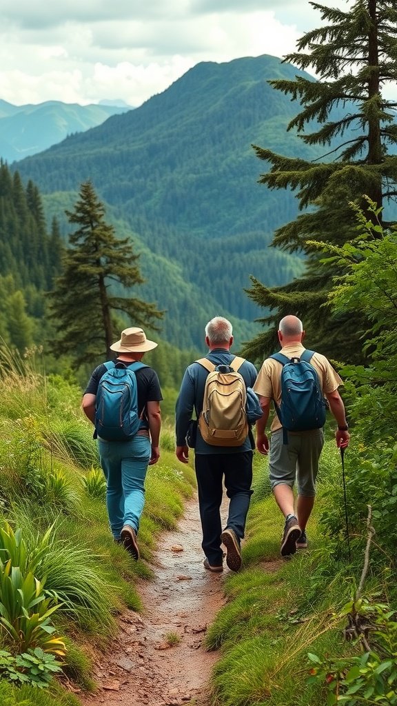 25 Creative Double Date Ideas That Will Spark Your Imagination! Three men hiking on a scenic trail surrounded by mountains and trees.