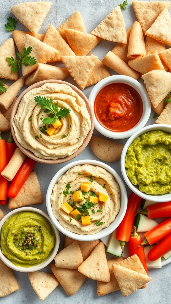 35 Stunning Grazing Table Ideas That Will Wow Your Guests (You Won't Believe #12!) A display of homemade dips including hummus, guacamole, and salsa, accompanied by pita chips and fresh vegetable sticks.