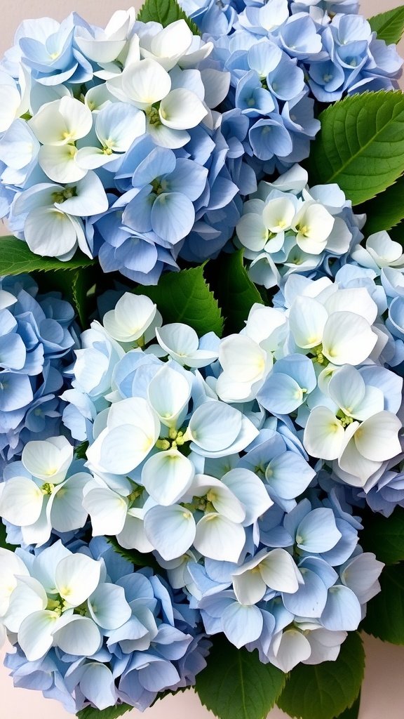 35 Enchanting Spring Wedding Flowers for Your Dream Celebration A close-up of blue and white hydrangea flowers with lush green leaves.