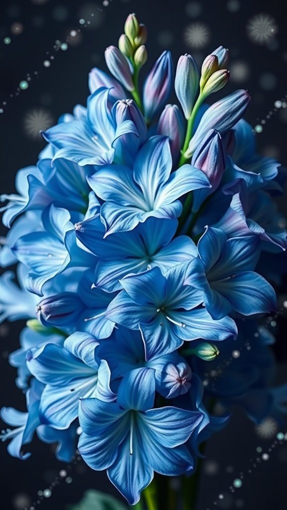 35 Wedding Winter Flower Bouquets That Will Make Your Heart Skip a Beat (Don't Miss #9!) A bouquet of icy blue delphiniums against a dark background