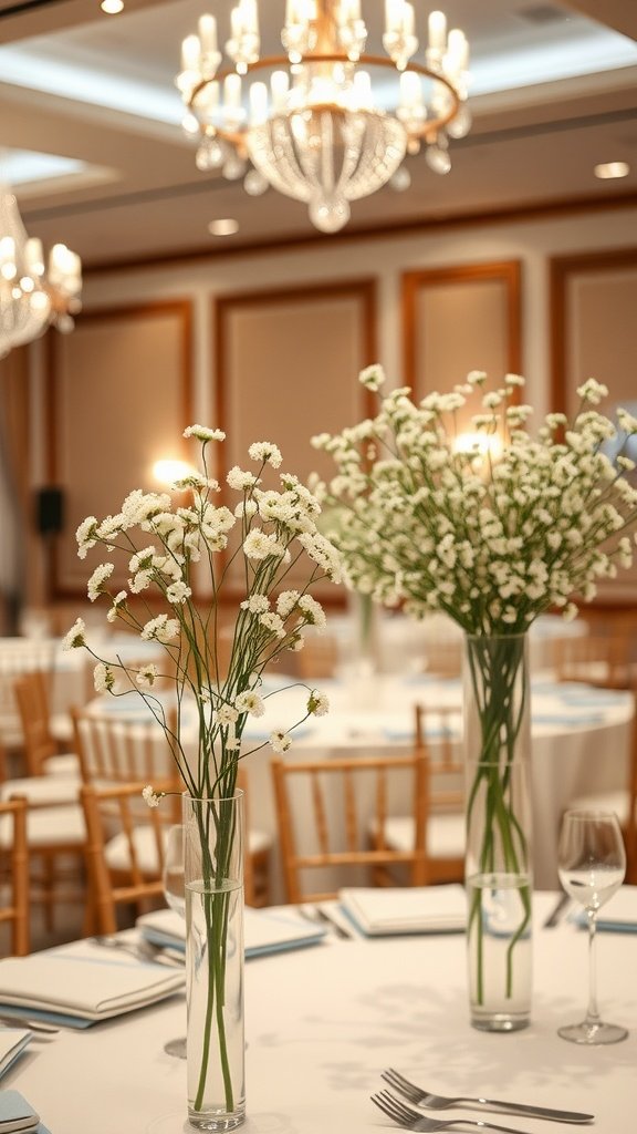 30 Beautiful Baby's Breath Centerpiece DIY Ideas Elegant table setting with baby’s breath centerpieces in tall vases.
