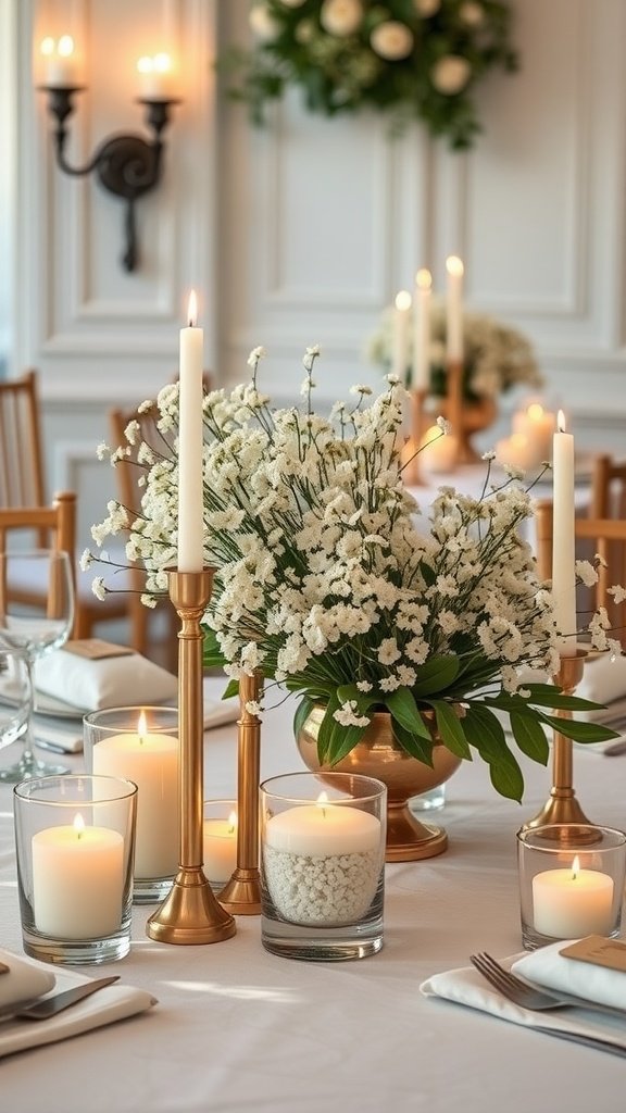 30 Stunning Baby's Breath Bouquets That Will Steal Your Heart (Wait Until You See #4!) A beautifully arranged centerpiece featuring a baby's breath bouquet with candles.