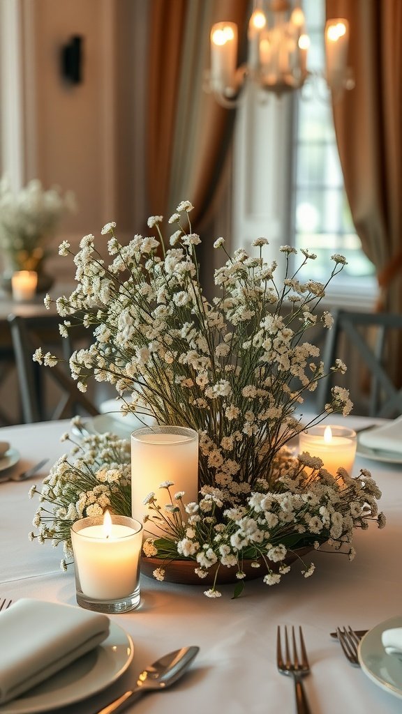 30 Beautiful Baby's Breath Centerpiece DIY Ideas A beautifully arranged centerpiece featuring baby’s breath flowers and glowing candles on a dining table.