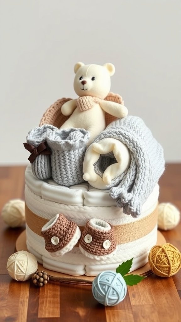 25 Creative Mini Diaper Cake Ideas for Baby Showers A mini diaper cake featuring a teddy bear, knitted items, and decorative elements.