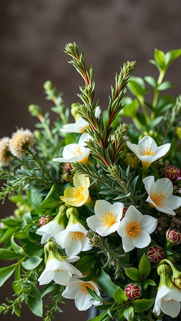 35 Enchanting Spring Wedding Flowers for Your Dream Celebration A bouquet featuring white flowers and green herbs like rosemary, showcasing the beauty of spring wedding flowers.