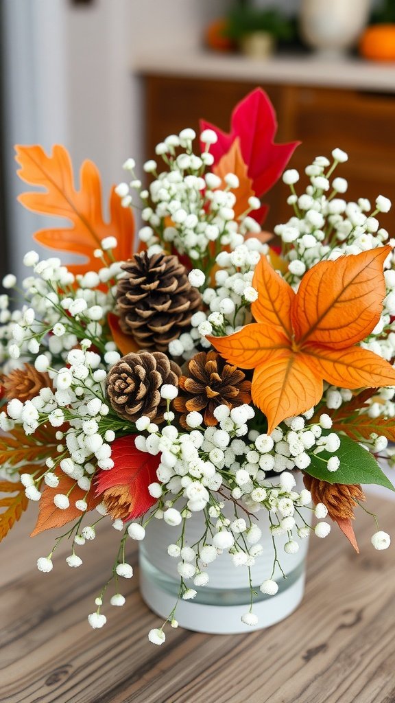 30 Beautiful Baby's Breath Centerpiece DIY Ideas A fall-themed centerpiece featuring baby’s breath, colorful leaves, and pine cones in a glass vase.