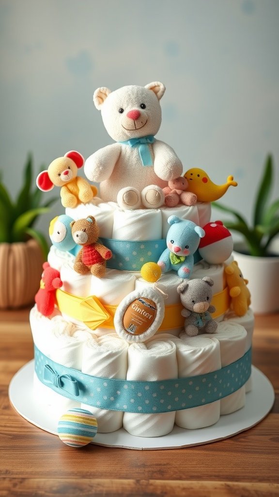 25 Creative Mini Diaper Cake Ideas for Baby Showers A decorative mini diaper cake with plush toys on top, featuring colorful ribbons and accessories.