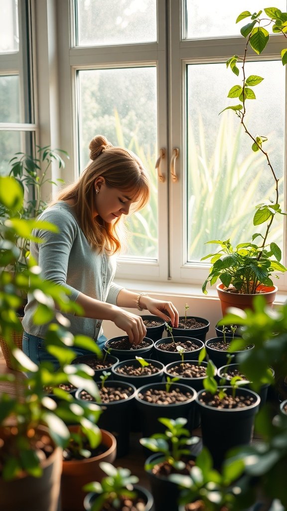 25 Cozy Indoor Date Ideas That'll Ignite the Spark (Prepare for Romance!) A woman tending to young plants in pots near a window filled with sunlight.