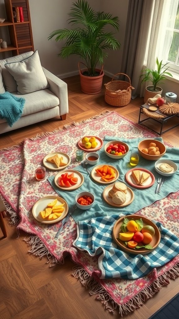 25 Cozy Indoor Date Ideas That'll Ignite the Spark (Prepare for Romance!) A cozy indoor picnic setup with a variety of fruits, bread, and drinks on a blanket on the floor. Indoor Date Ideas