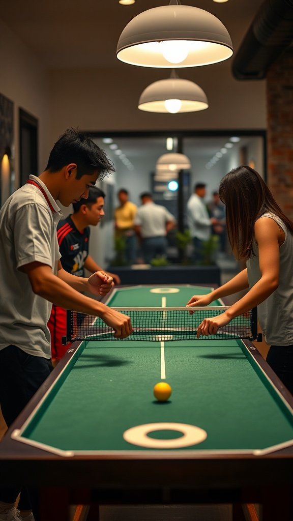 25 Cozy Indoor Date Ideas That'll Ignite the Spark (Prepare for Romance!) A scene showing two people playing a table sport indoors with a lively atmosphere.