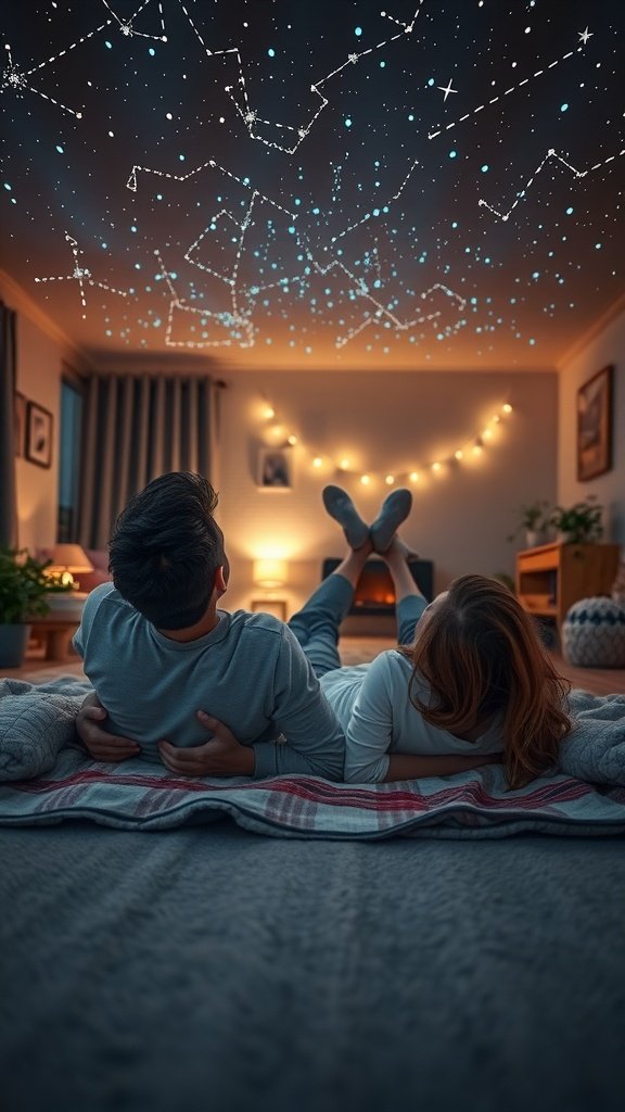 25 Cozy Indoor Date Ideas That'll Ignite the Spark (Prepare for Romance!) A couple lying on a blanket, gazing at a starry ceiling created by a projector.