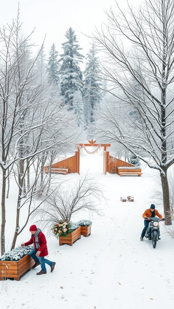 35 Enchanting Ideas for a Magical Winter Wedding A snowy winter wedding scene with a couple tending to flowers in planters along a pathway.