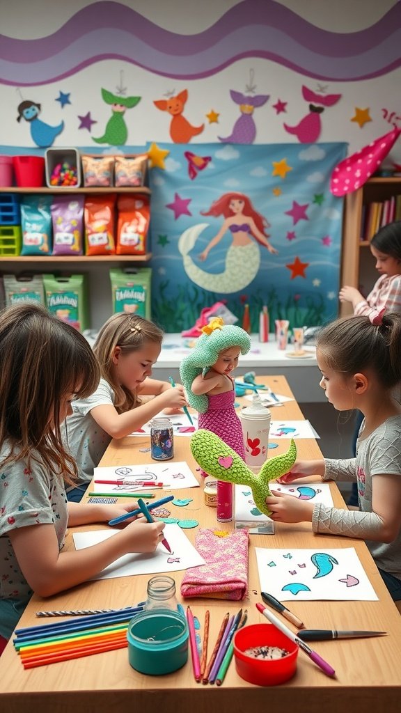 35 Magical Mermaid Party Ideas for an Under-the-Sea Celebration Children enjoying craft stations at a mermaid party, coloring and creating under a colorful sea-themed backdrop.