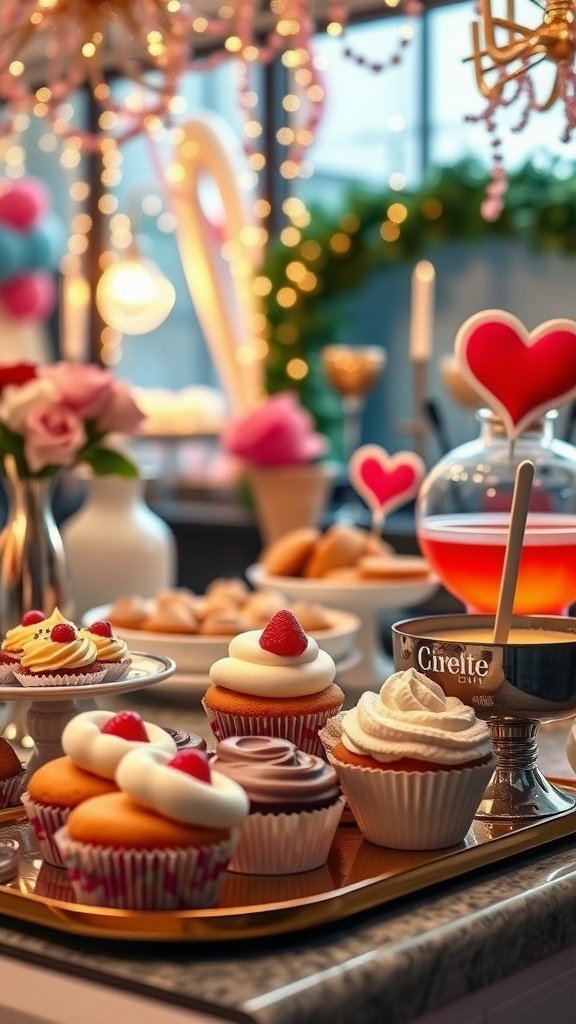 25 Stunning Valentines Table Decor Ideas That Will Make Your Dinner an Unforgettable Romance! A beautifully arranged dessert bar featuring cupcakes, treats, and a punch bowl, decorated for Valentine's Day.