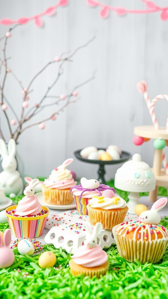 35 Charming Easter Tea Party Ideas for a Festive Celebration Colorful dessert decorating station with cupcakes, sprinkles, and bunny decorations for an Easter tea party.