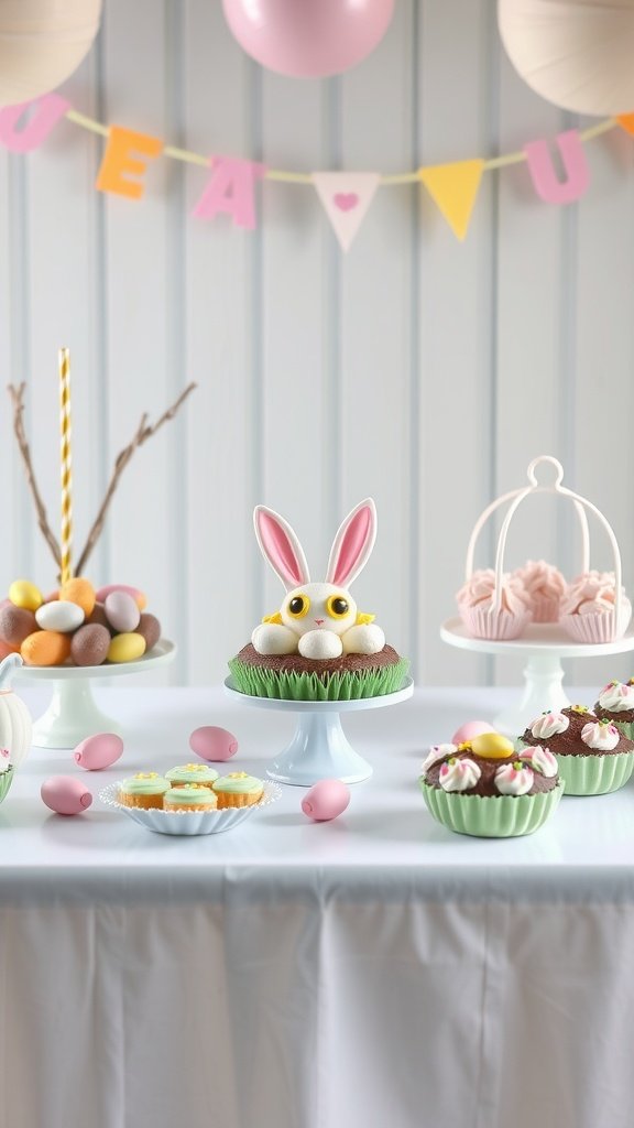 35 Easter Tablescape Ideas for a Festive Celebration A festive Easter dessert station featuring a bunny cake, colorful cupcakes, and chocolate eggs.