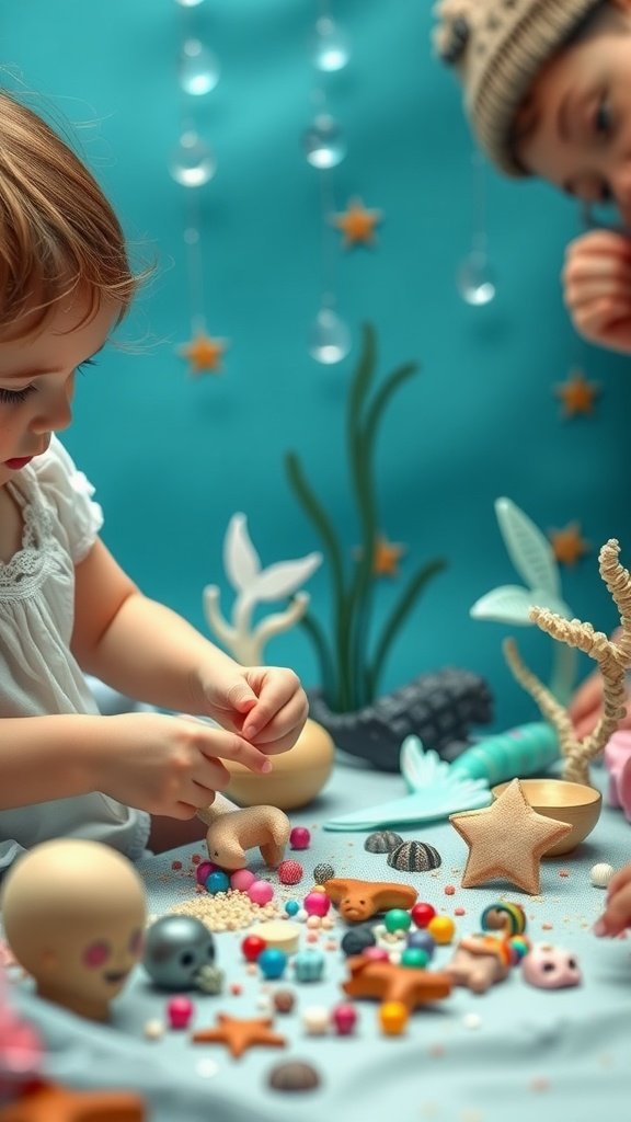25 Enchanting Ideas for the Ultimate Mermaid-Themed Kids Party Children crafting mermaid-themed decorations with colorful beads and sea creature figures