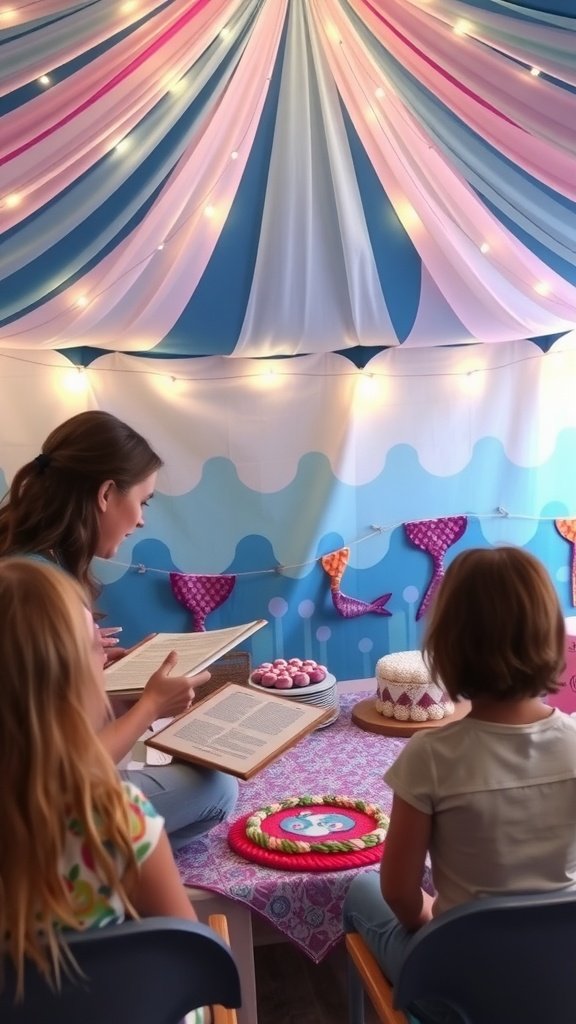 35 Magical Mermaid Party Ideas for an Under-the-Sea Celebration Children sitting in a circle around a storyteller at a mermaid party, with colorful drapery and soft lighting.