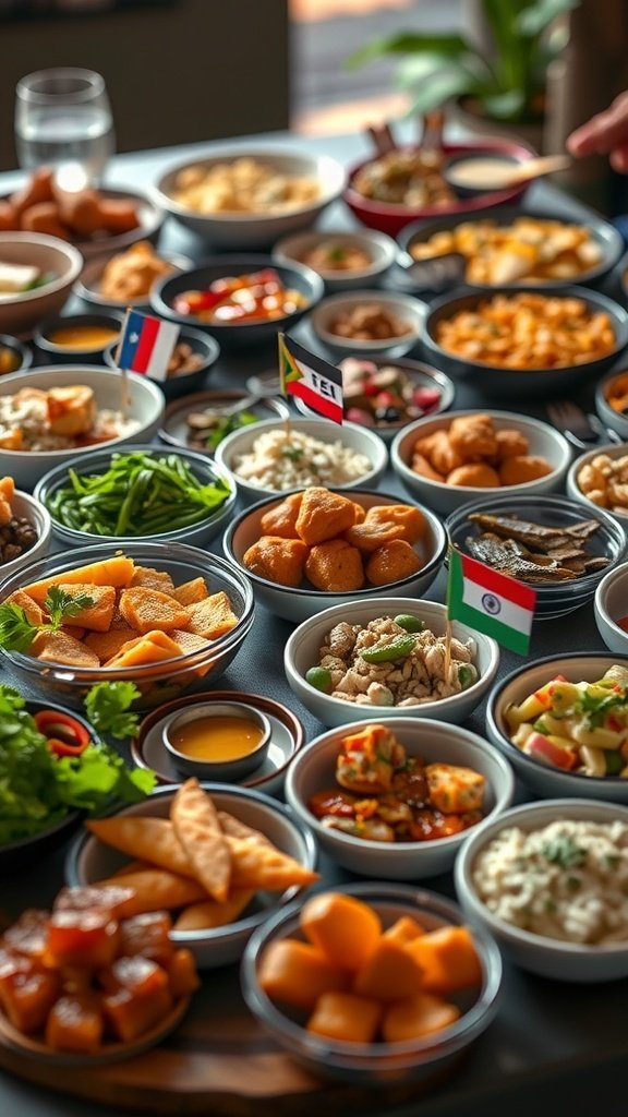 35 Stunning Grazing Table Ideas That Will Wow Your Guests (You Won't Believe #12!) A grazing table filled with international cuisine featuring small bowls of different dishes, each with flags representing their country.