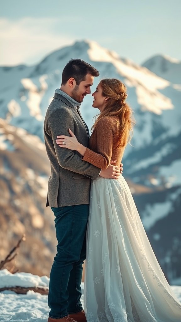 35 Enchanting Ideas for a Magical Winter Wedding A couple embracing in a snowy mountain landscape, showcasing a winter wedding vibe