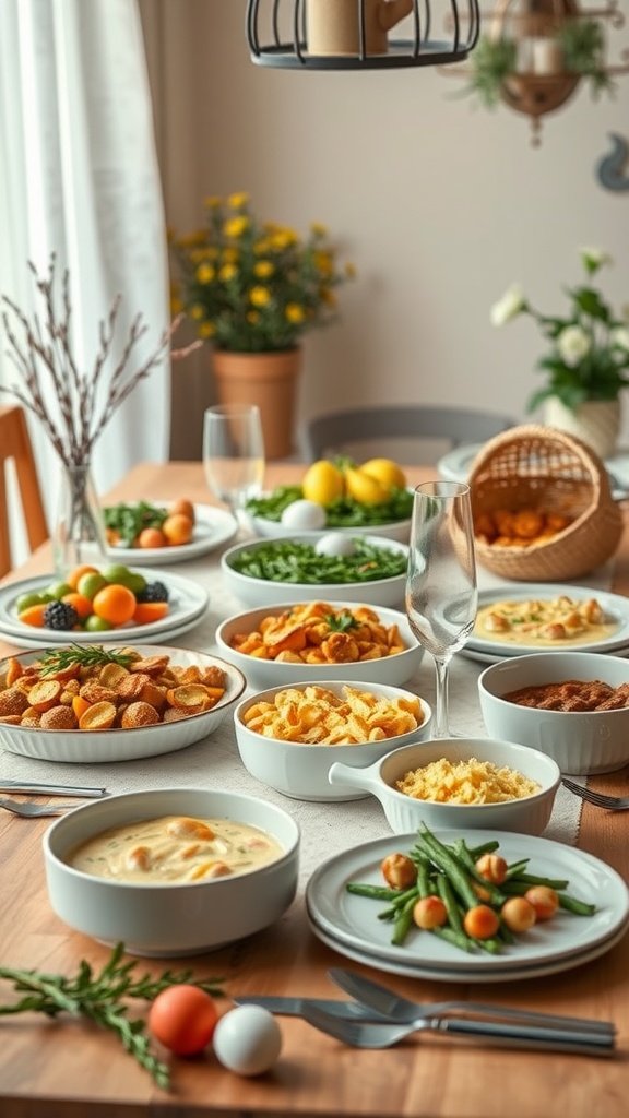 35 Easter Tablescape Ideas for a Festive Celebration A beautifully arranged Easter tablescape featuring a variety of colorful, inviting dishes and decorations.