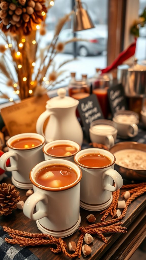 35 Enchanting Ideas for a Magical Winter Wedding A cozy hot beverage station with mugs filled with warm drinks, surrounded by festive decorations.