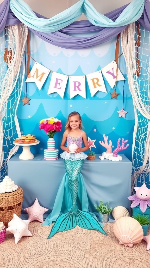 35 Magical Mermaid Party Ideas for an Under-the-Sea Celebration A vibrant mermaid party setup with colorful decorations, a decorated table full of treats, and ocean-themed accents.