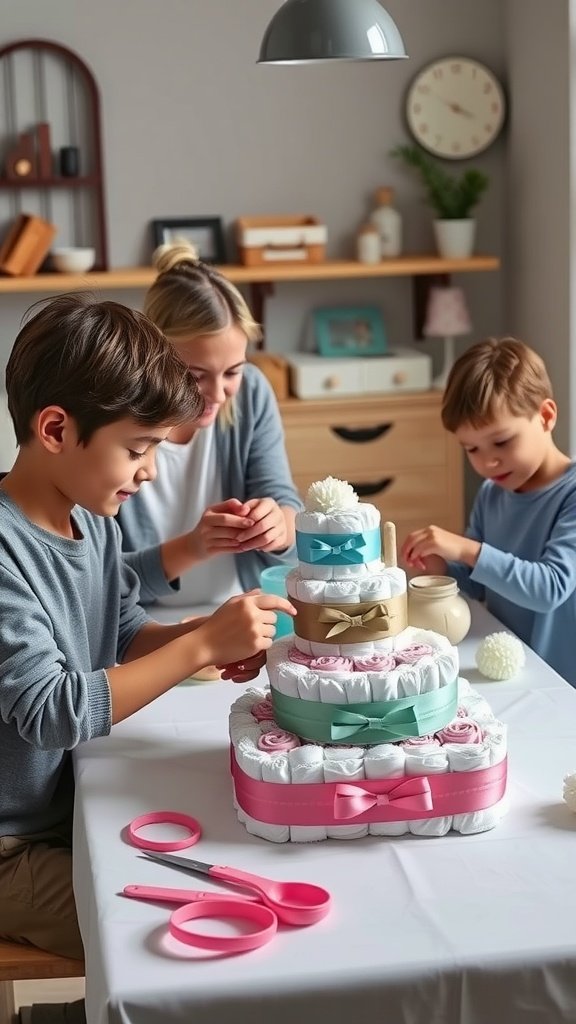 25 Creative Mini Diaper Cake Ideas for Baby Showers A mother and her two children working on mini diaper cakes at a table, with scissors and decorations around.