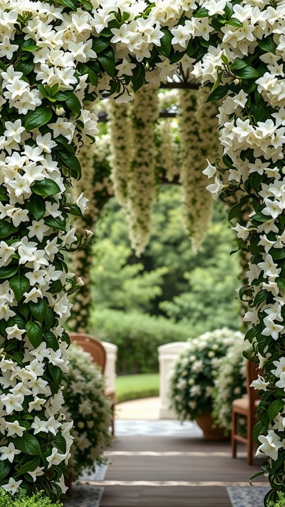 35 Enchanting Spring Wedding Flowers for Your Dream Celebration An archway covered in white jasmine flowers, leading to a garden setting for a spring wedding.