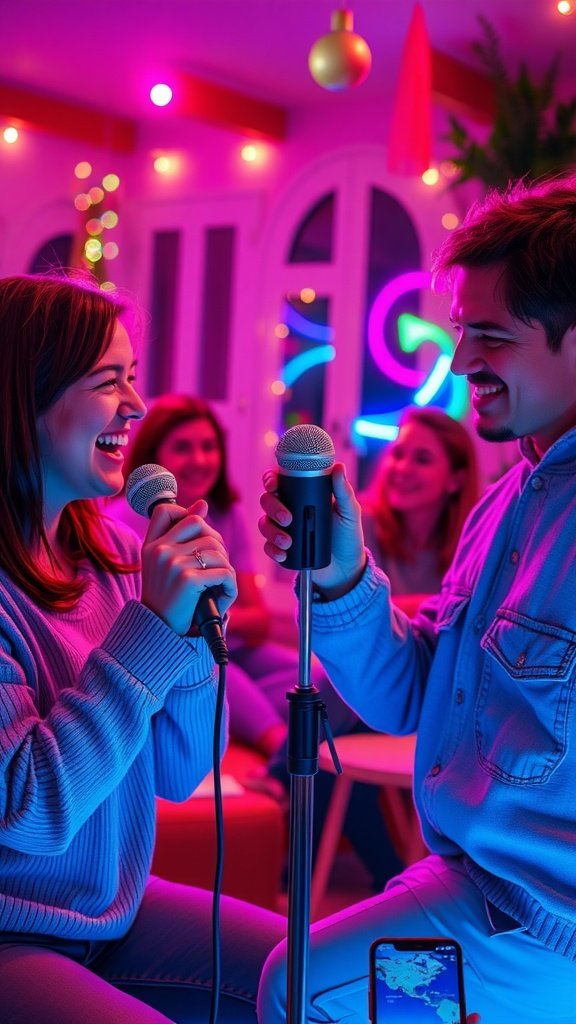 25 Creative Double Date Ideas That Will Spark Your Imagination! A lively karaoke night at home with two friends sharing a microphone and others cheering.