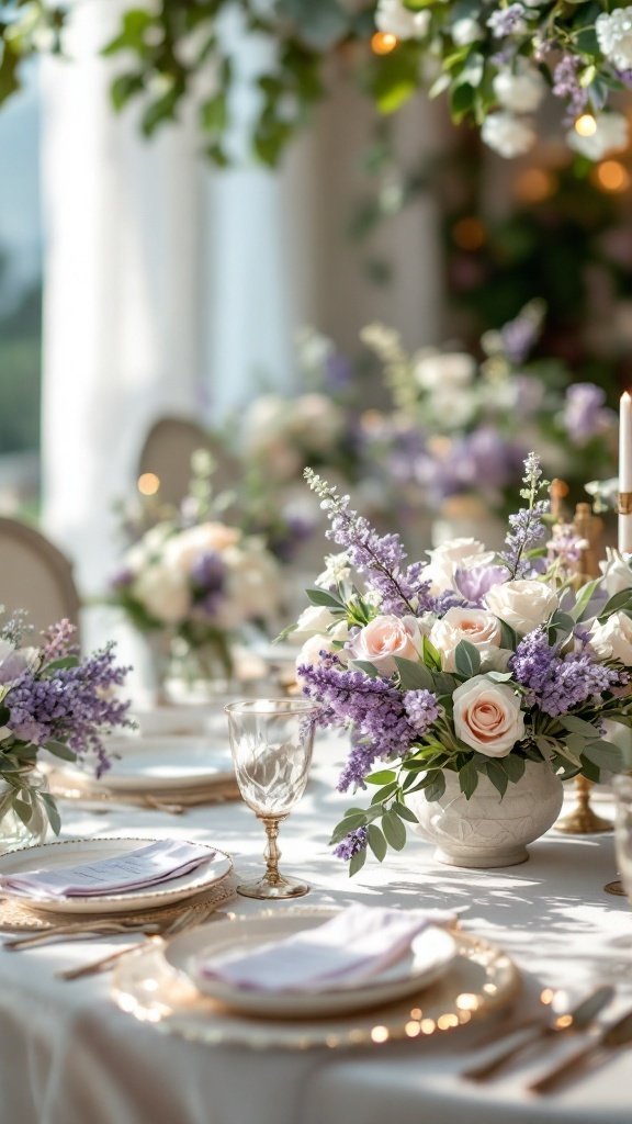 25 Beautiful Spring Wedding Color Palettes to Inspire Your Big Day A beautifully set wedding table with lavender and sage floral arrangements, elegant glassware, and soft linens.