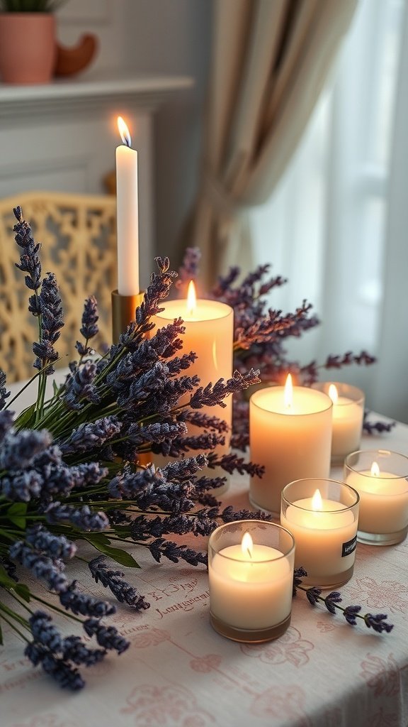 25 Stunning Valentines Table Decor Ideas That Will Make Your Dinner an Unforgettable Romance! A romantic table setting featuring lavender flowers and lit candles.