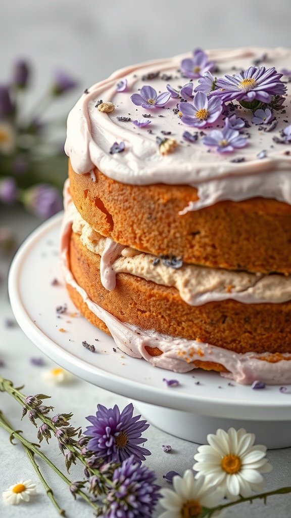 25 Irresistible Valentine’s Day Cake Ideas to Sweeten Your Celebration A beautifully decorated Lavender Honey Cake topped with edible flowers and lavender sprigs.