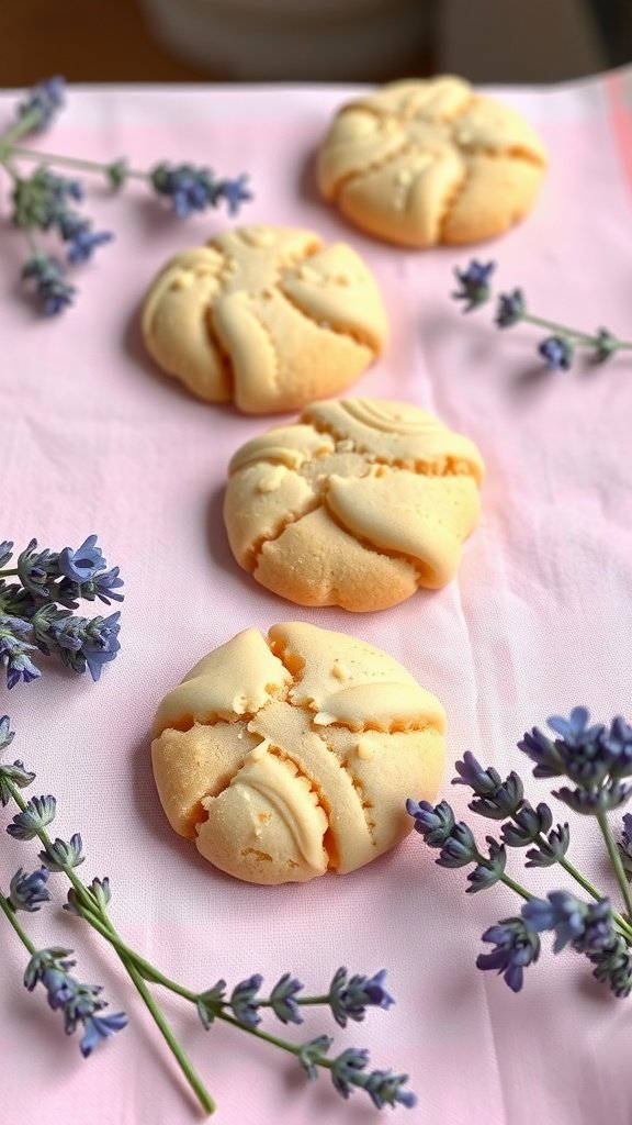 25 Delightful Easter Tea Party Cookies to Impress Your Guests A display of lavender honey cookies on a pink background with lavender flowers.