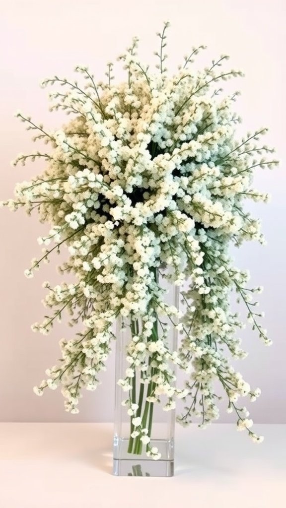 30 Stunning Baby's Breath Wedding Centerpieces for a Dreamy Celebration A tall vase filled with cascading baby's breath flowers.