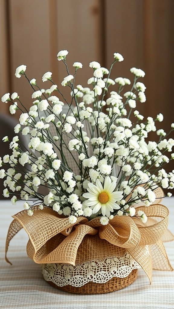 30 Beautiful Baby's Breath Centerpiece DIY Ideas A beautiful centerpiece featuring baby’s breath flowers and a daisy in a rustic basket with a bow.