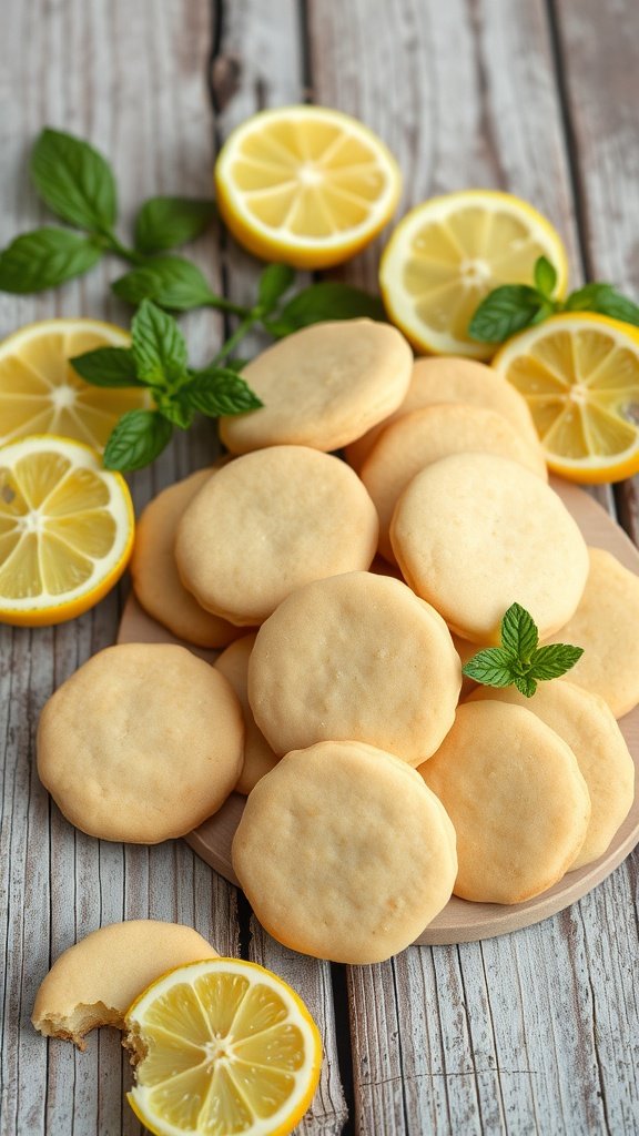 25 Delightful Easter Tea Party Cookies to Impress Your Guests Lemon Zest Shortbread Cookies arranged on a wooden table with lemon slices and mint leaves. Easter Tea Party Cookies