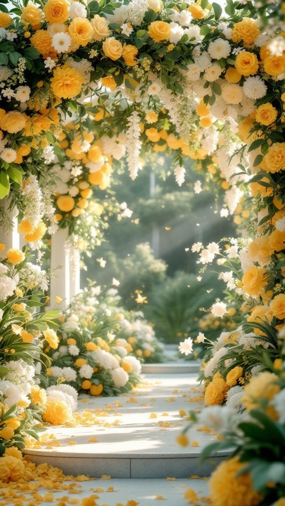 25 Beautiful Spring Wedding Color Palettes to Inspire Your Big Day A beautiful wedding arch adorned with yellow and white flowers, leading down a flower-strewn pathway.