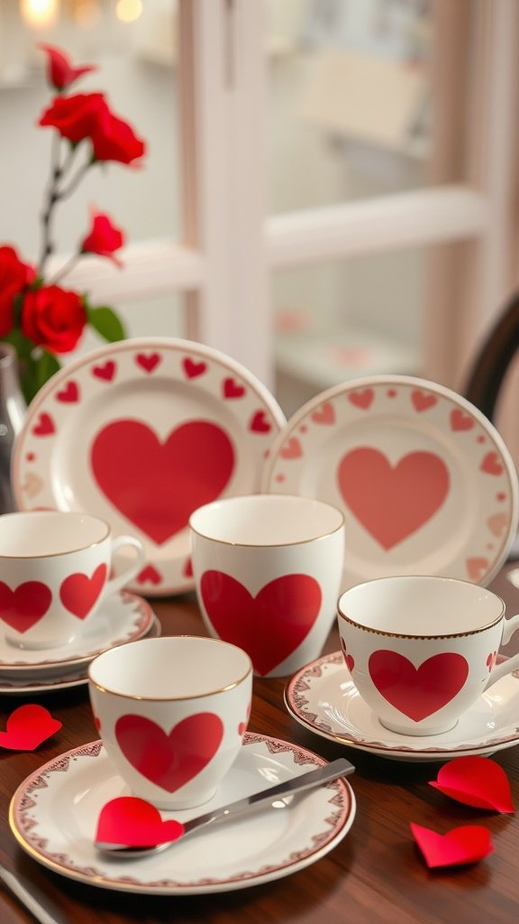 25 Stunning Valentines Table Decor Ideas That Will Make Your Dinner an Unforgettable Romance! A romantic table setting featuring love-themed dinnerware with heart designs in red, complemented by rose petals.