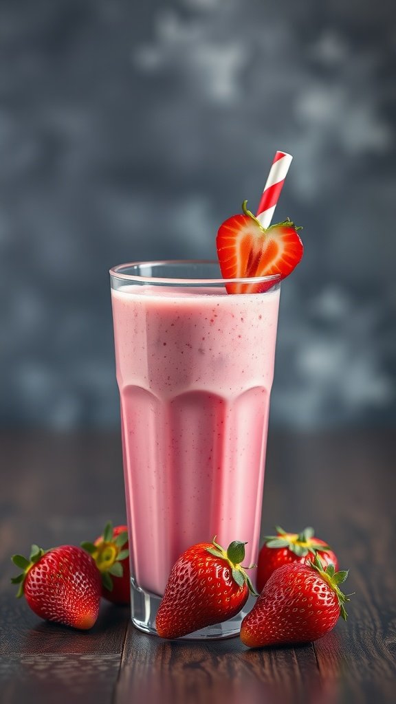 35 Irresistible Valentine’s Day Food Ideas to Celebrate Your Love A refreshing pink strawberry smoothie with a strawberry garnish.
