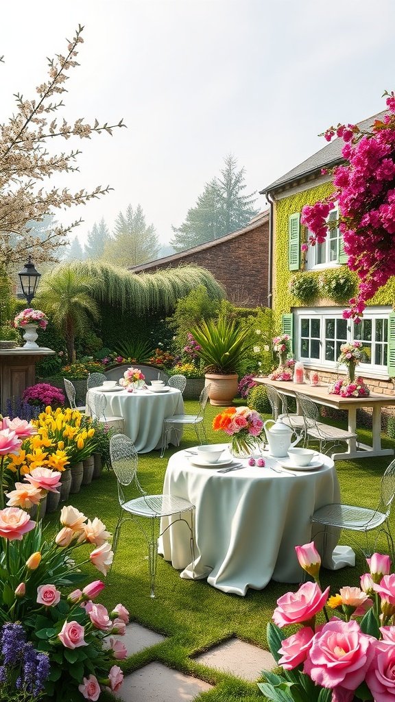 35 Charming Easter Tea Party Ideas for a Festive Celebration A beautifully arranged garden for an Easter tea party with colorful flowers and elegantly set tables.