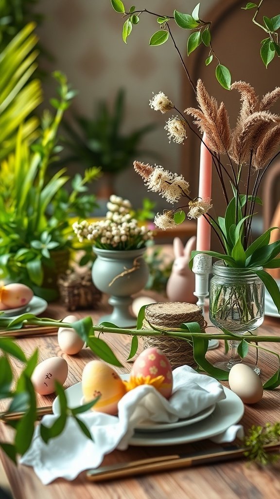35 Easter Tablescape Ideas for a Festive Celebration A beautifully arranged Easter tablescape featuring greenery, Easter eggs, and decorative elements.