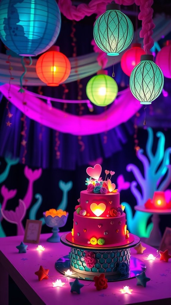 35 Magical Mermaid Party Ideas for an Under-the-Sea Celebration A vibrant and colorful mermaid party setup with glow-in-the-dark decorations, a cake, and themed accents.